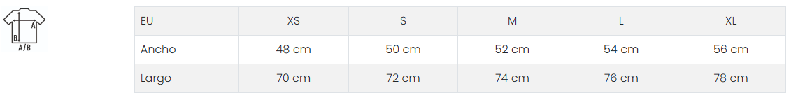 Tabla de tallas camiseta JHK Beach Tirantes Unisex medidas ancho y largo