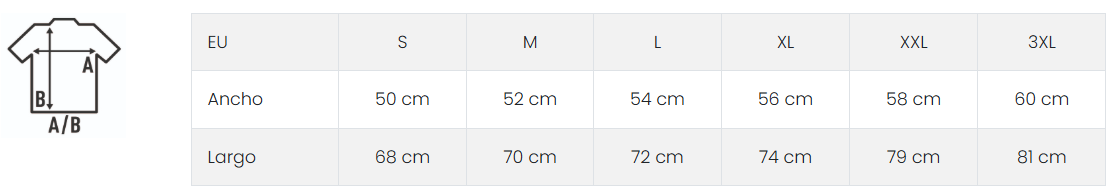 Tabla de tallas camiseta técnica JHK Sport Contrast medidas ancho y largo