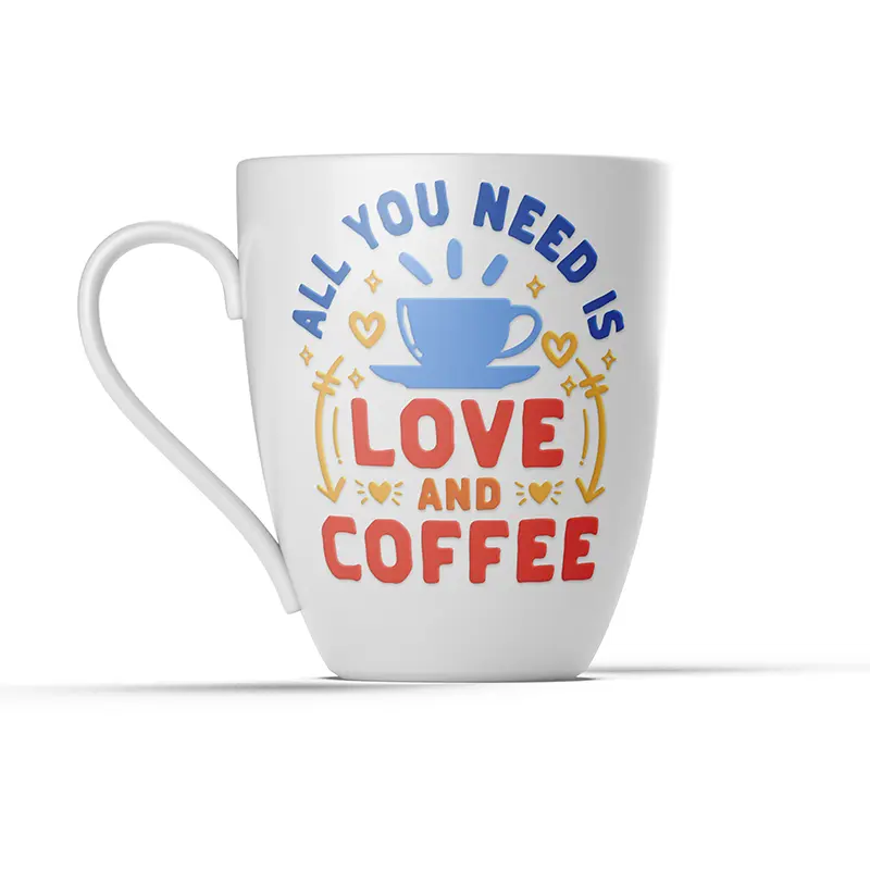 DTF UV aplicado en taza de cerámica con logo personalizado