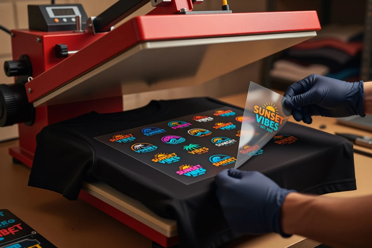 Aplicación de gang sheet DTF sobre camiseta negra de algodón con plancha térmica a 140°C — fábrica Fuerza DTF, Fuenlabrada (Madrid)