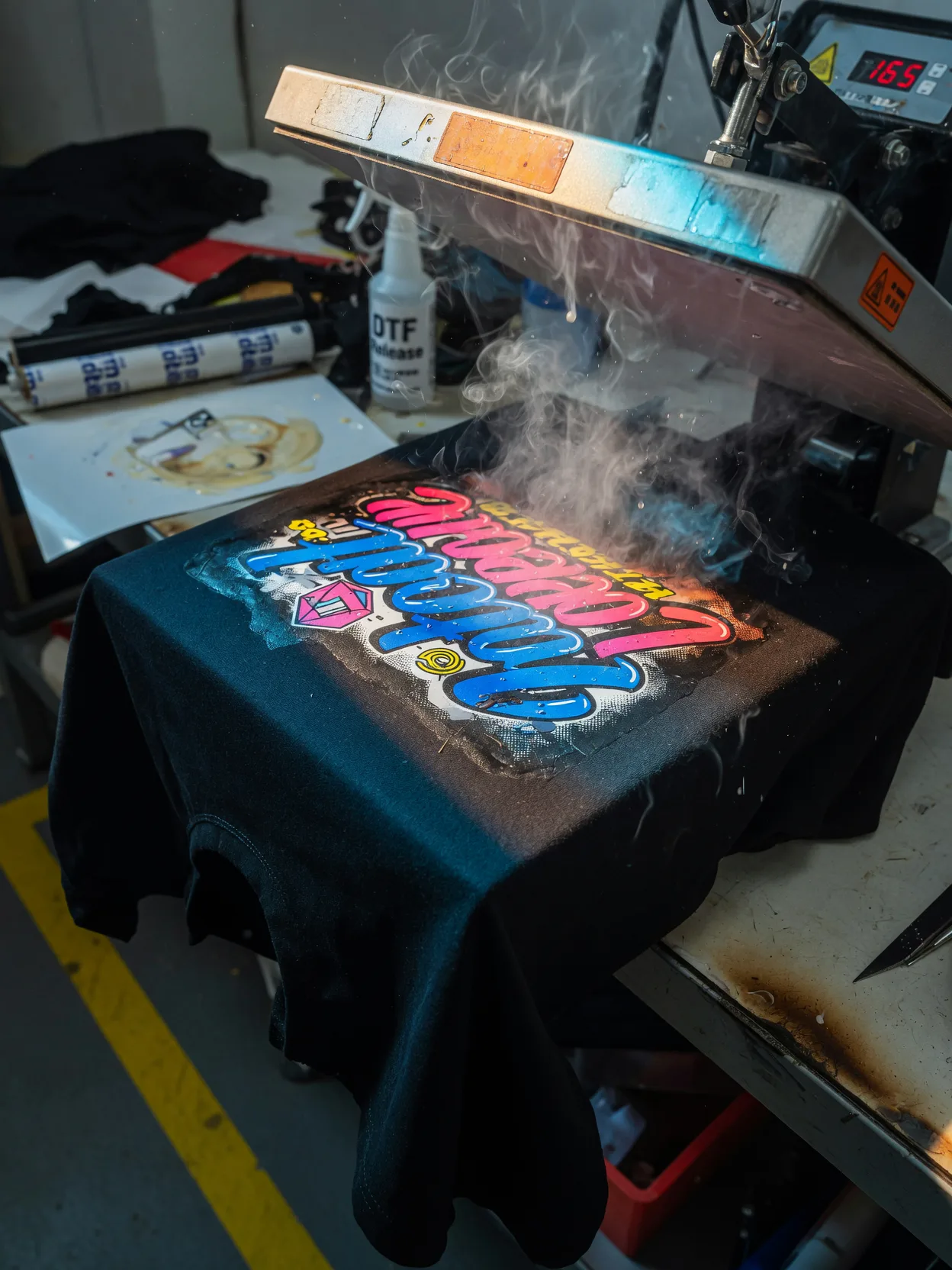 Plancha térmica aplicando transfer DTF sobre camiseta negra de algodón — proceso Fuerza DTF Madrid