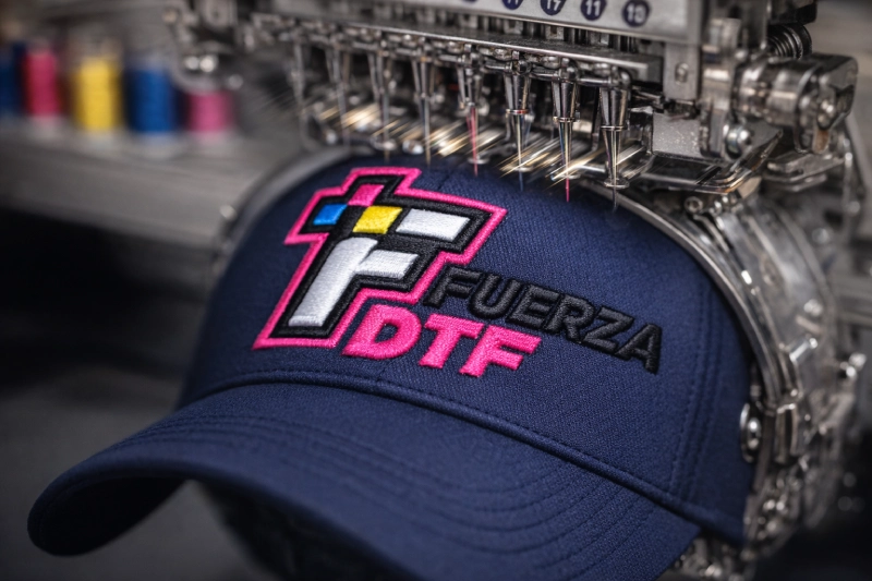 Bordado industrial de alta definición en gorras personalizadas en Madrid.