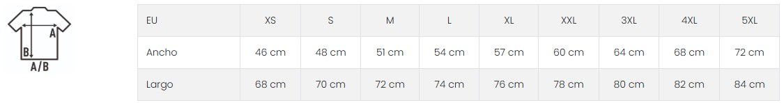Tabla de tallas camiseta JHK Premium 190g medidas