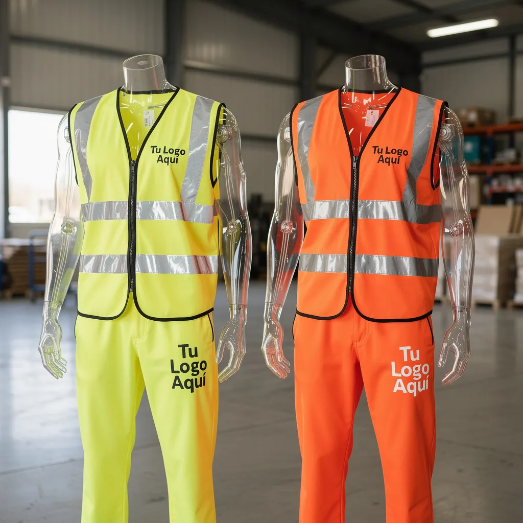 Detalle de logotipo DTF flúor en chaleco de seguridad alta visibilidad