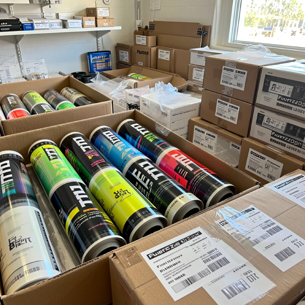 Rollos de DTF por metros preparados para envío urgente a empresas de planchado en la Península.