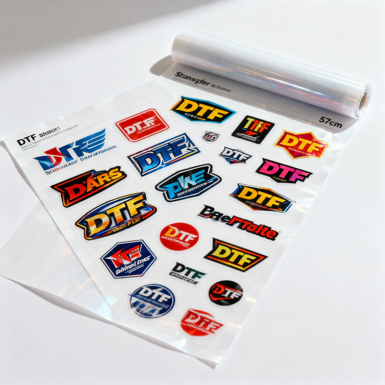 Pliego gang sheet DTF con logos agrupados en 57cm de ancho — configurador online Fuerza DTF