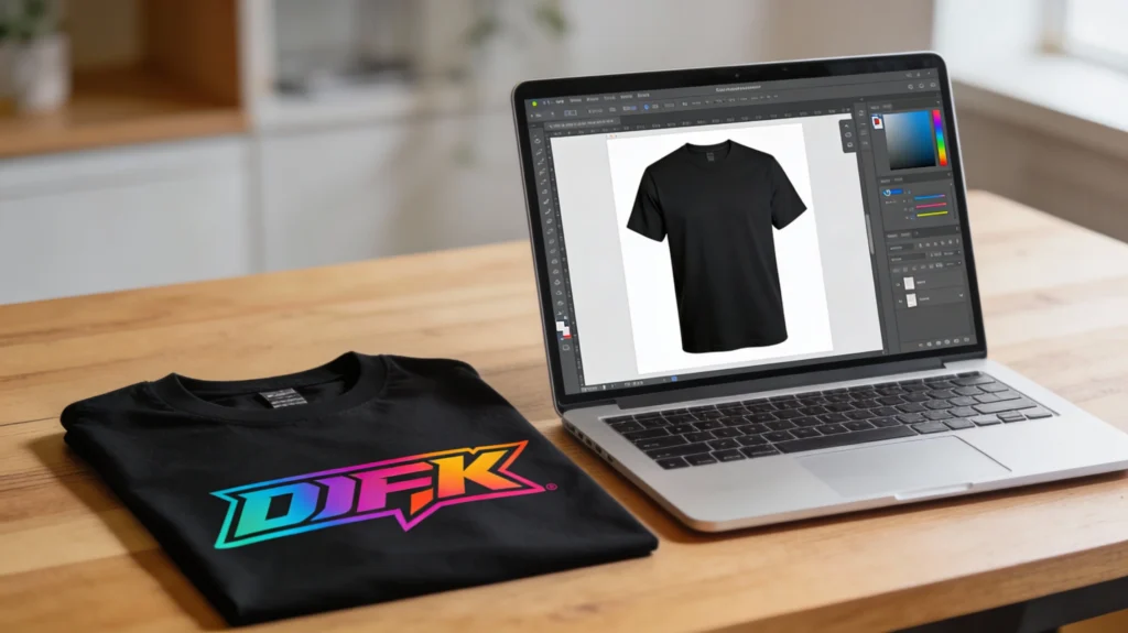 Interfaz del personalizador de camisetas online de FuerzaDTF con previsualización en vivo y resultado de impresión DTF de alta calidad.