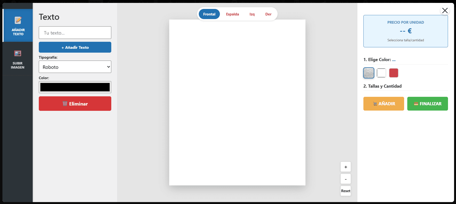 Interfaz del editor online de camisetas 3D