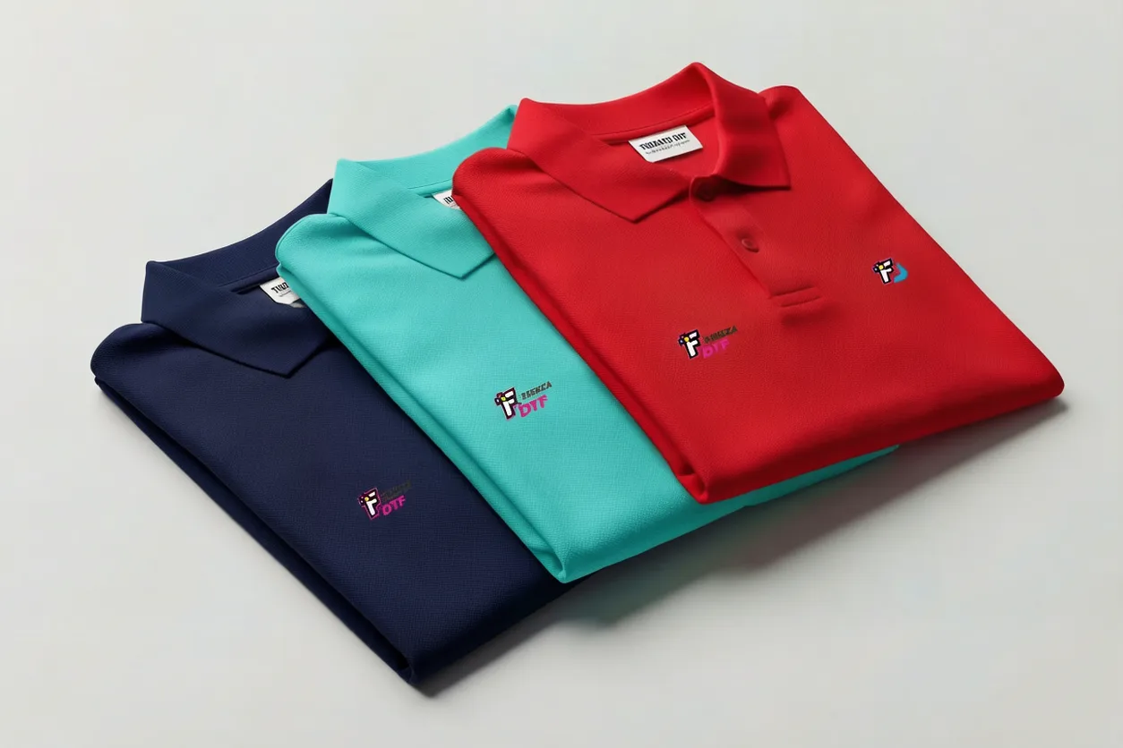 Muestra de varios polos de trabajo JHK Worker en distintos colores personalizados con logotipos vibrantes en DTF
