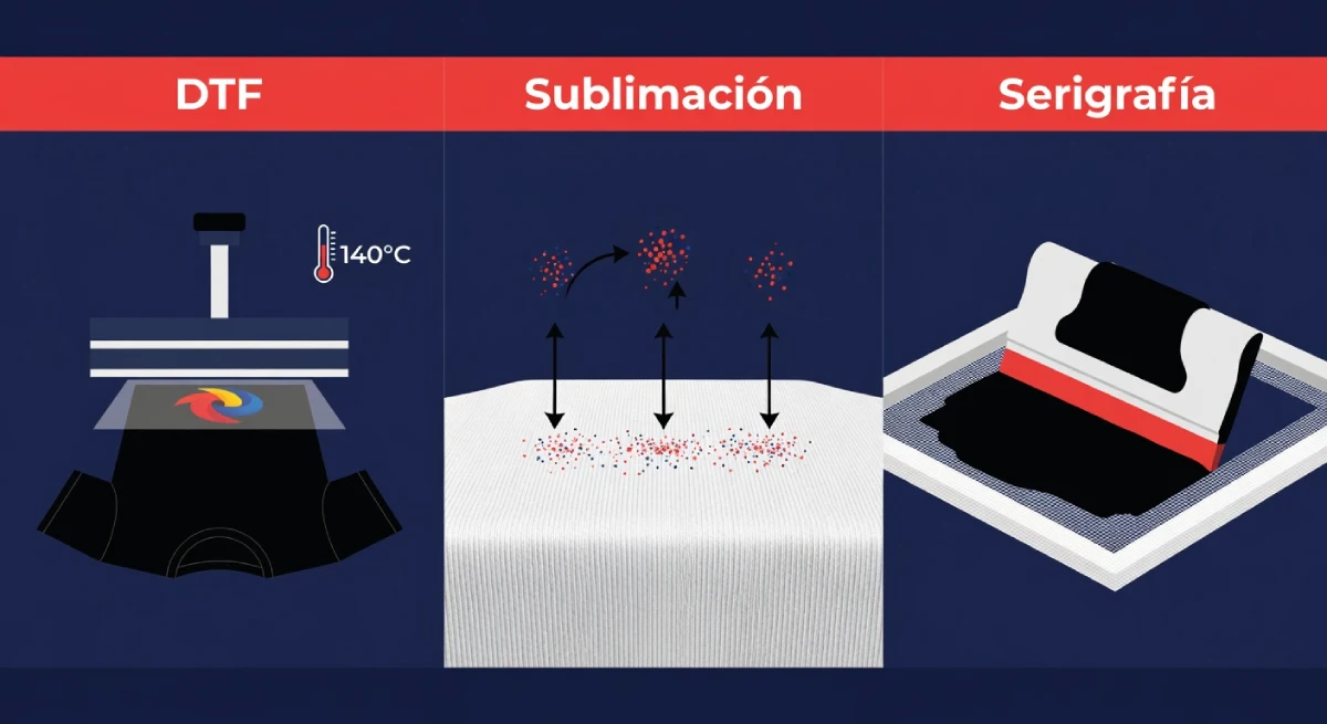 Cómo funciona cada método: proceso DTF con plancha a 140°C, sublimación con gas en fibra de poliéster y serigrafía con malla y tinta — Fuerza DTF