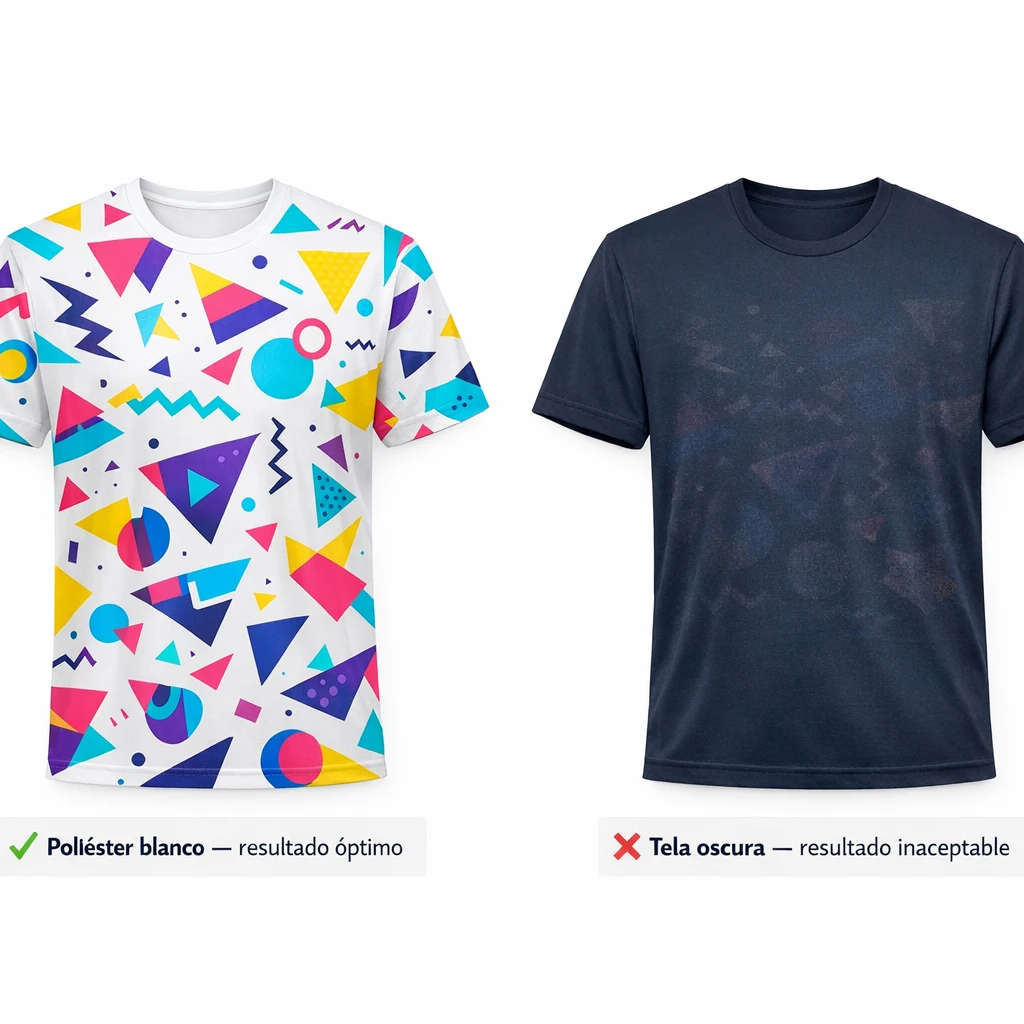 Comparativa sublimación: resultado perfecto en poliéster blanco izquierda vs resultado inaceptable en tela oscura derecha — Fuerza DTF