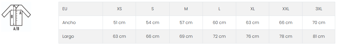 Tabla de tallas medidas exactas Sudadera JHK Everest Orgánica ancho y largo