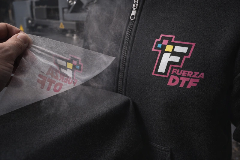 Sudadera de trabajo JHK Full Zip negra con cremallera cubierta siendo personalizada con técnica DTF en plancha térmica