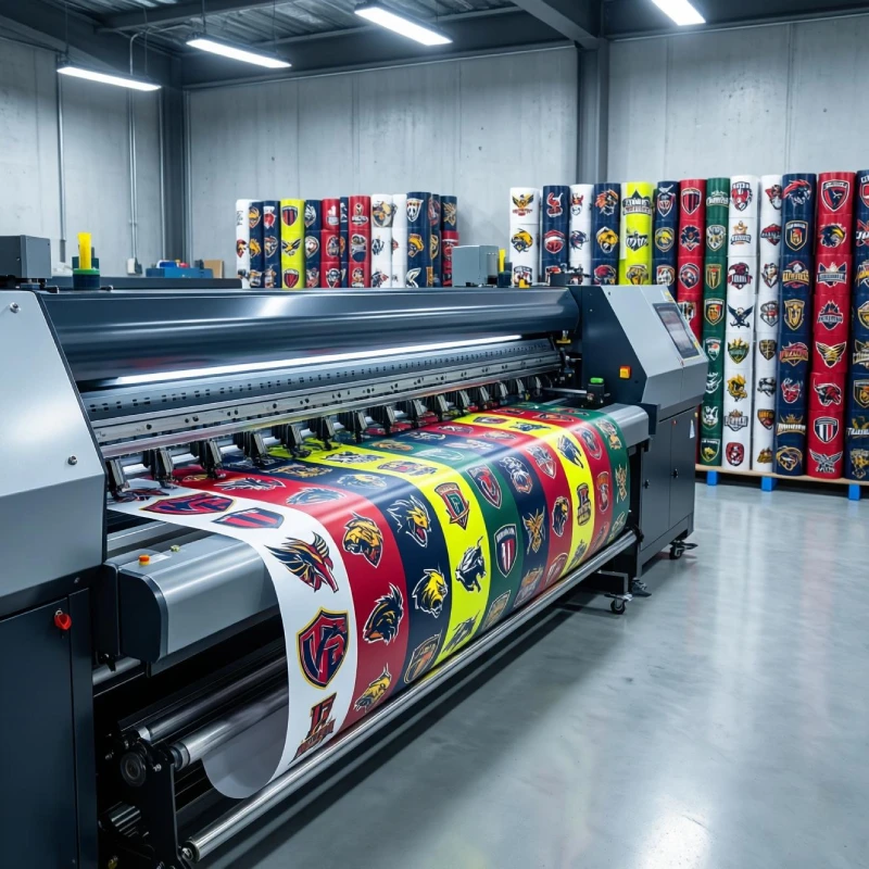 Máquina de impresión DTF de gran formato en nuestro taller de Fuenlabrada produciendo logos para clubes.