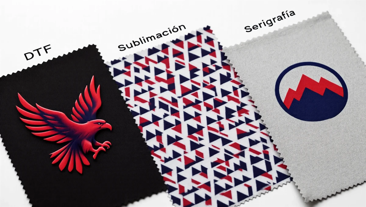 Comparativa visual DTF vs Sublimación vs Serigrafía: tres muestras de tela con cada método de impresión textil — Fuerza DTF Madrid