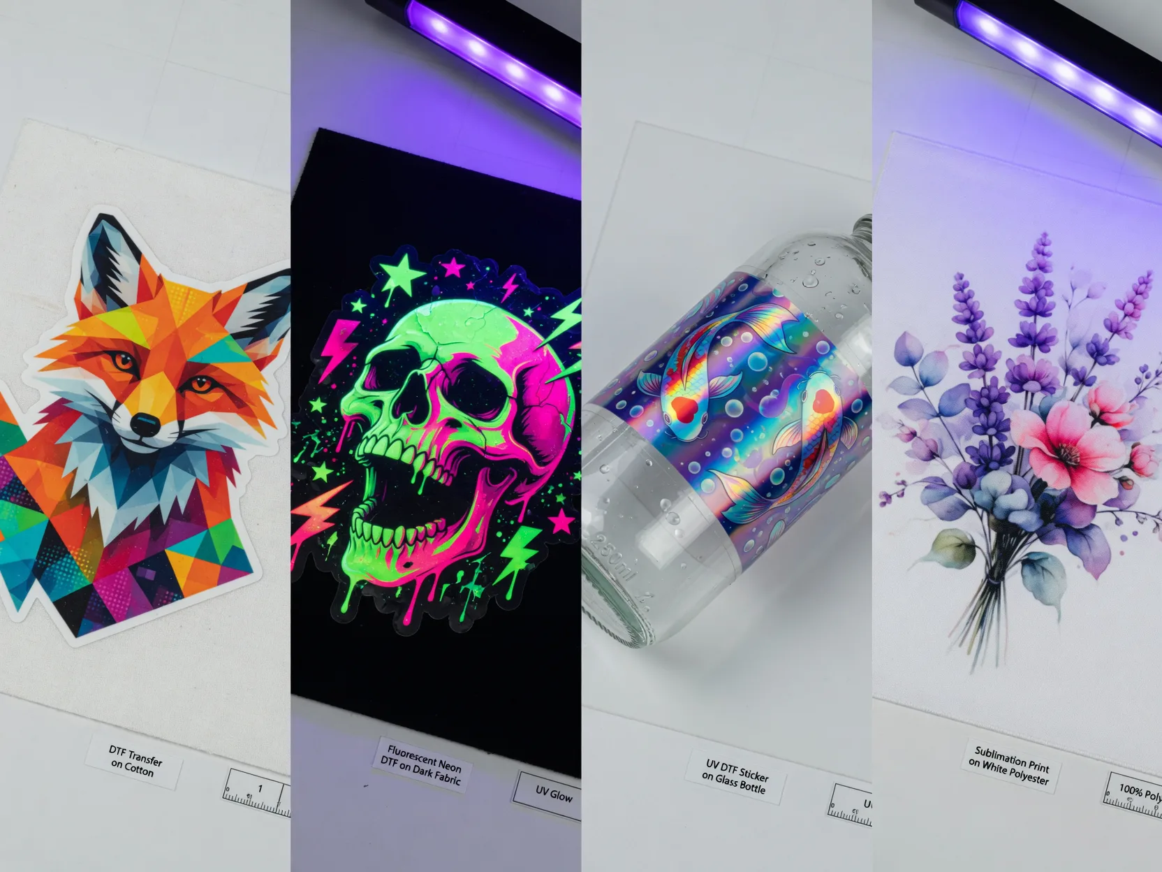 Comparativa de los 4 tipos de impresión DTF: textil, flúor neón, UV rígidos y sublimación — Fuerza DTF